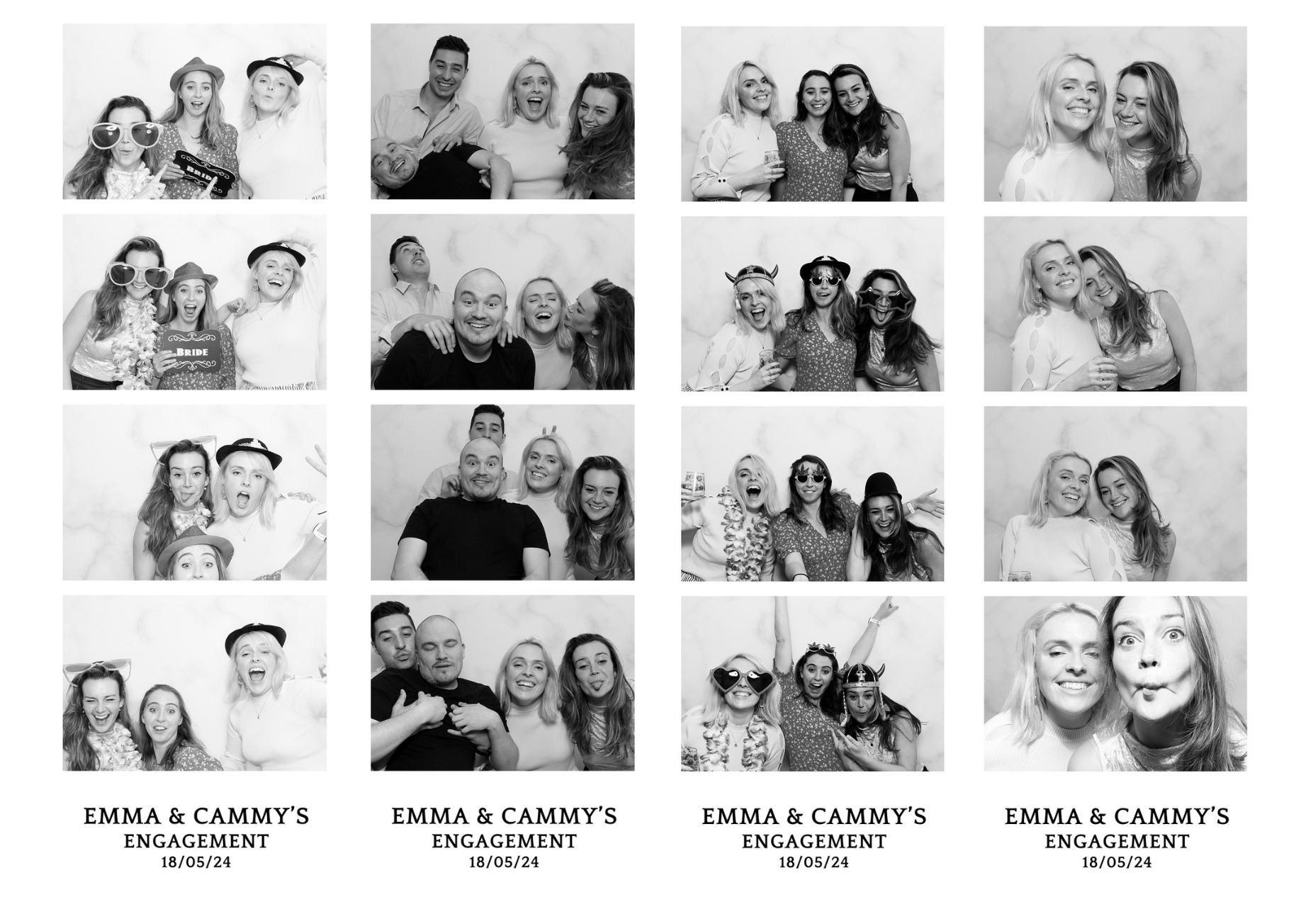 A collage of guests celebrating Emma & Cammy's Engagement with joyful expressions, dated 18/05/24.