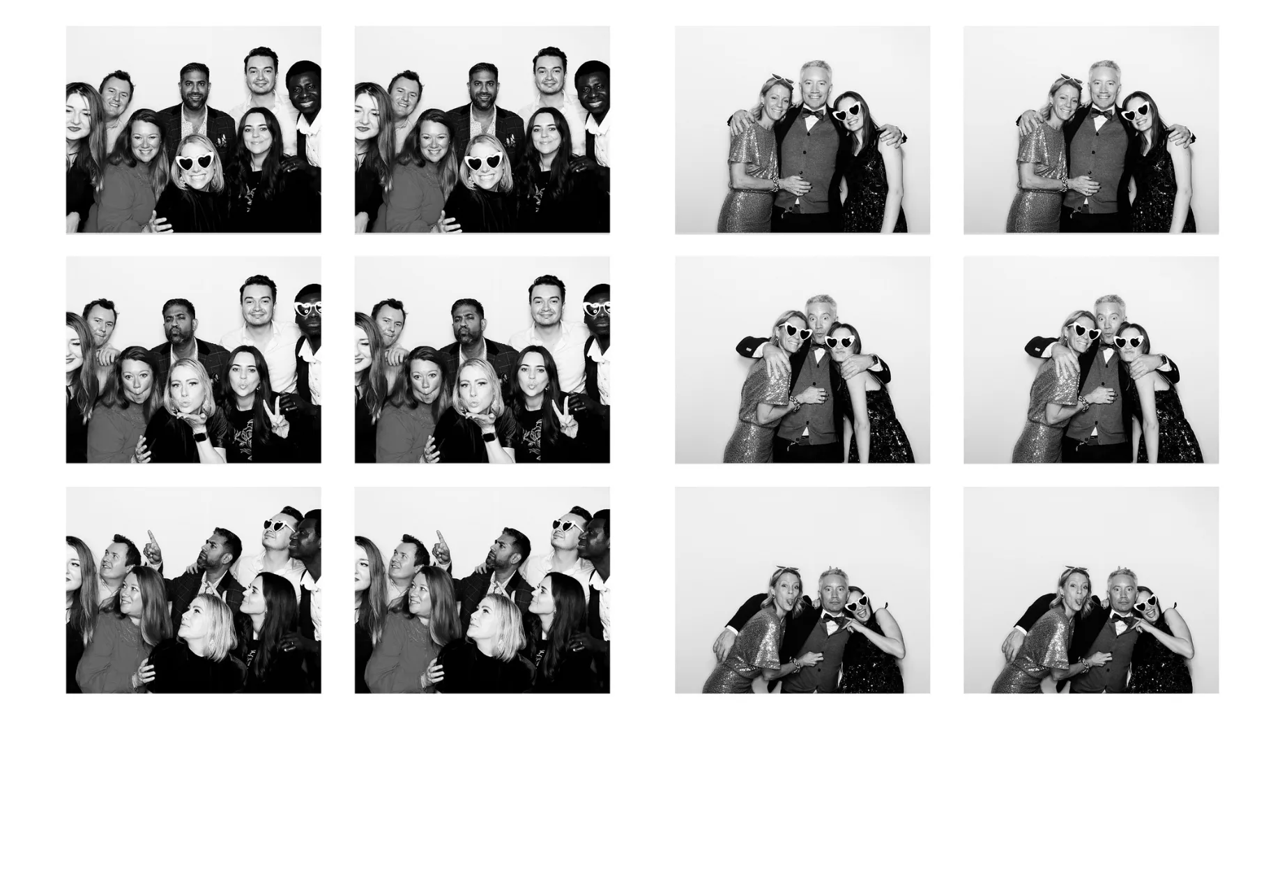 Photo collage of a group posing in black and white, featuring smiling and playful expressions.