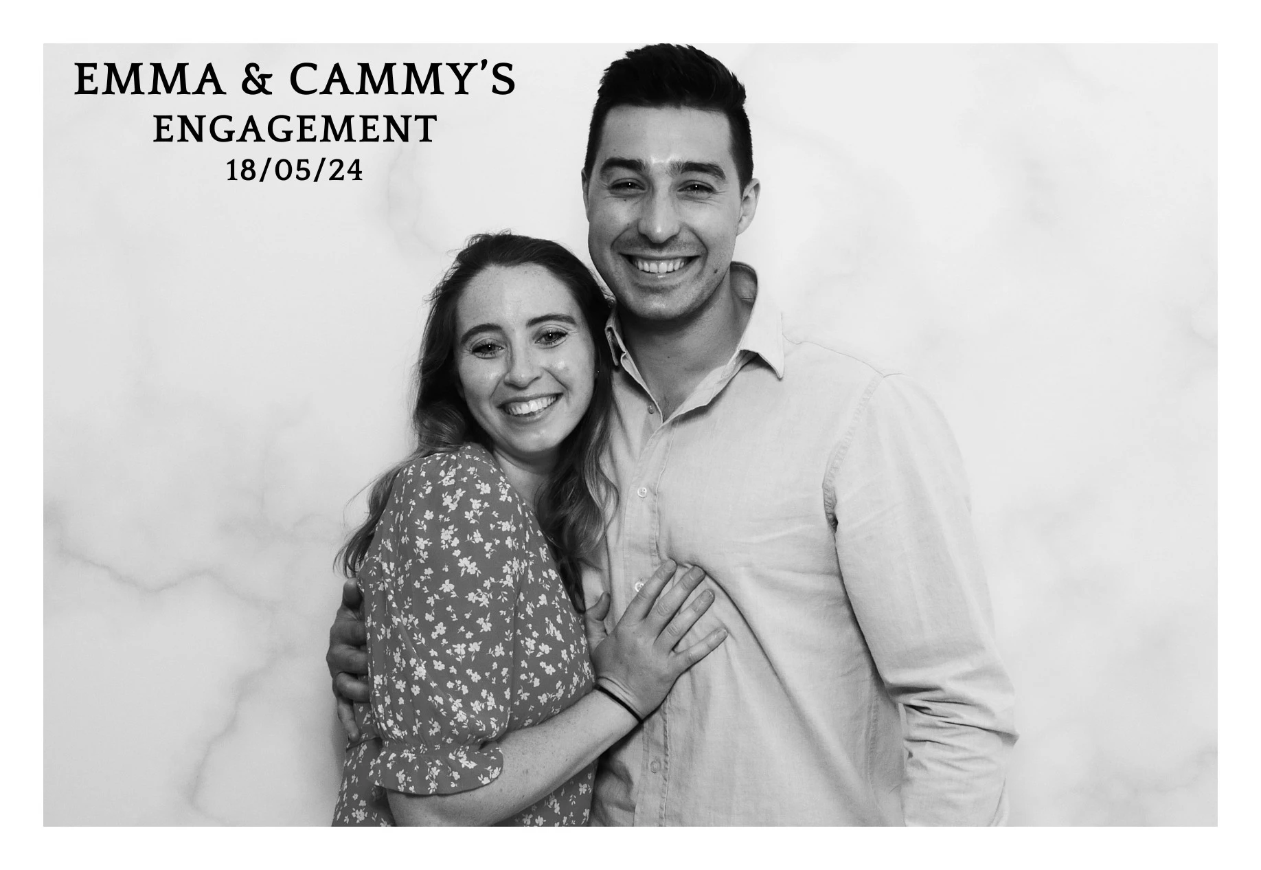 A couple smiling and embracing, with text 'Emma & Cammy's Engagement, 18/05/24'.
