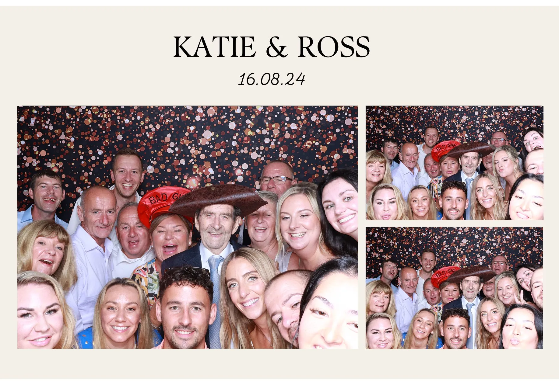 A group photo of wedding guests posing together with a glittery backdrop, titled 'Katie & Ross, 16.08.24'.