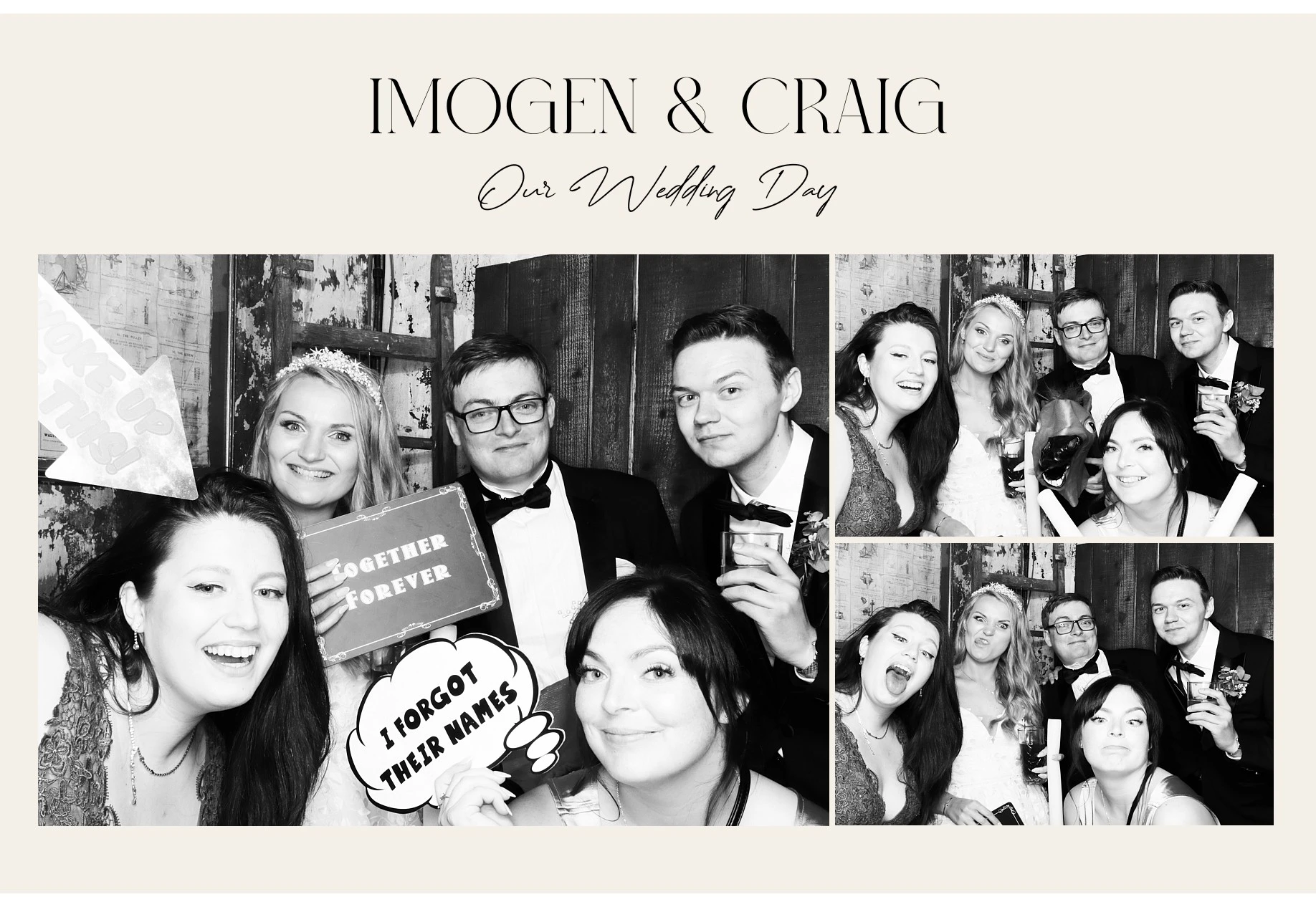 Wedding party group photo with props, featuring text 'Imogen & Craig, Our Wedding Day'.