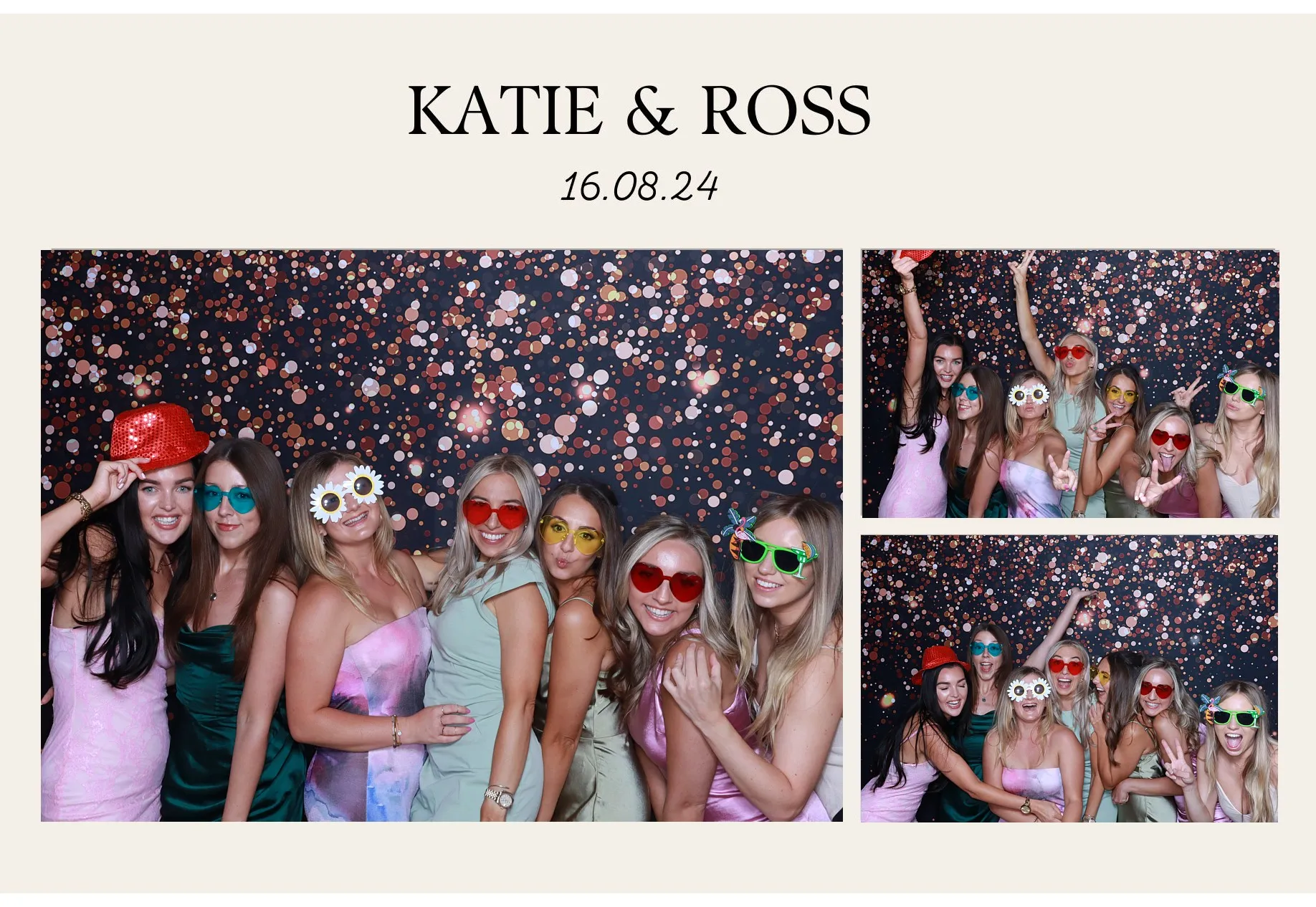 Group of friends posing in front of a glittery background with colorful party accessories, titled 'Katie & Ross, 16.08.24'.
